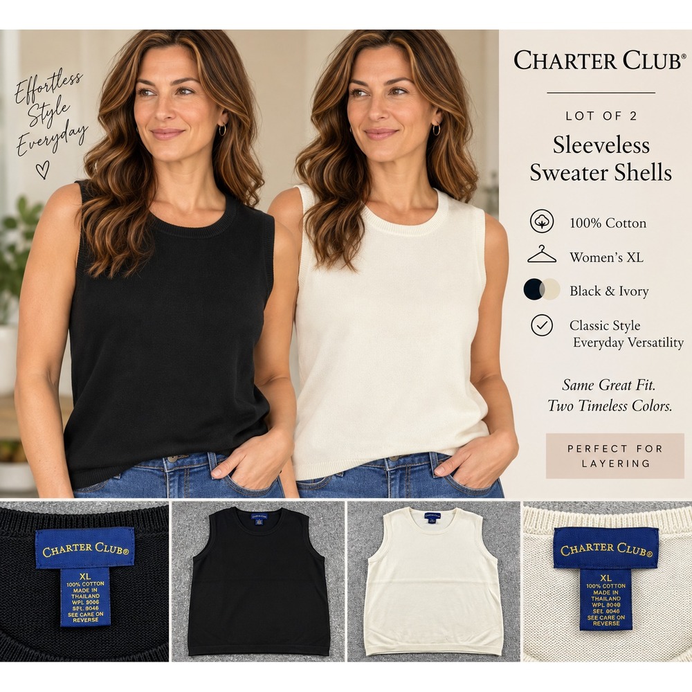 Charter Club Sweater Vest Lot 2 Womens XL 100% Cotton Black Cream Ivory Knit